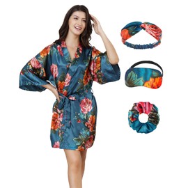 EPLAZA Women Floral Silky Satin Robe Wedding Bridal Party Bride Bridesmaid Robes Kimono Loungewear Dressing Gowns (Teal, Small-Medium)