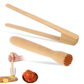 Fermenter Masher, Herb Masher with Wooden Tongs Set Cocktail Pestle Wood 21 cm Wooden Masher Sauerkraut Masher Fermenting Accessories for Ideal Fermentation of Sauerkraut