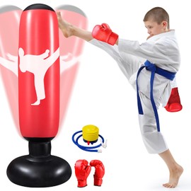 Qoosea Punch Bag for Children, 160 cm Standing Punch Bag, Inflatable Training Punch Bag with Integrated Air Pump and Boxing Gloves for Karate, Kickboxing, Boys and Girls