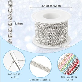 Crystal Rhinestone Chain, 10 Yards 2.5mm Silver Rhinestone Trim Strips, Close Claw Cup Rhinestones Chain Roll for Clothes Sewing Craft Cups Jewelry Making Wedding Bouquet DIY Decoration Clothing Shoes