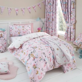 Happy Linen Company Girls Boys Kids Enchanted Forest Unicorn Pink Single Reversible Soft Easy Care Bed Linen Duvet Cover Quilt Bedding Set With Pillow Case