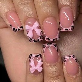 Leopard French Nails Press Ons - ShiningUU 24Pcs Pink Shiny Nude False Nails with Keybow Design Glue Included Easy Apply Sunnail for Daily Wear Women Girls Valentines Nails Art