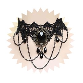 Allereya Vintage Hollow Lace Choker Necklace Oval Black Gemstone Necklace Teardrop Black Cz Bead Dangle Necklace Punk Plain Lace Clavicle Necklace Jewelry for Women and Girls