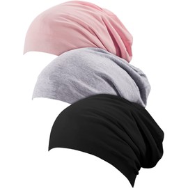 3 Pieces Satin Lined Sleep Cap Hat Slouchy Beanie Slap Hat for Women (Black, Gray, Pink)
