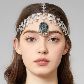 OIDIMS Vintage Headband for Women Adjustable Head Chain Cubic Zirconia Forehead Jewelry Jhumka Tassels Bridal Wedding Accessories Indian Festival Headpiece for Prom Special Occasions (Green, Silver)