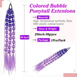 Colored Hair Extensions With Hair Tie,26 inch 1pcs Colorful Bubble Ponytail Extensions,Bubble Ponytail for Girls Festival Party Rave Crazy Hair Day(Dark Purple to Purple)