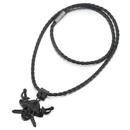 Mens Black Viking Pirate Skull Sword Pendant Necklace, Black Braided Leather Necklace(CA)