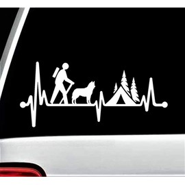 Guy Hiker Hiking with Husky Dog Camper Camping Tent Heartbeat Lifeline Decal Sticker for Car Window 8.0 Inch BG 592