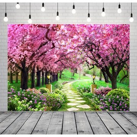 CORFOTO 7x5ft Spring Garden Backdrop Cherry Blossom Flowers Photography Background Nature Scene Spring Scenery Grass Floral Backdrop for Spring Birthday Party Decorations Wedding Photo Booth Props