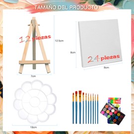 QianMu 24 Piezas Lienzo para pintar y 12 Caballetes para Pintar, Mini Kit de Pintura al óleo, Pinceles, Paletas y Pinturas, Blancos Algodón Bastidores para Pintar pare Casa,Escuela,Fiesta de Artística
