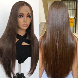 mytonecoo Chocolate Brown Synthetic Lace Front Wigs 26inch Middle Part Straight Wig Glueless Premium Fiber Realistic Look Like Human Hair Natural Density 13x4 Lace Frontal Wigs for Women