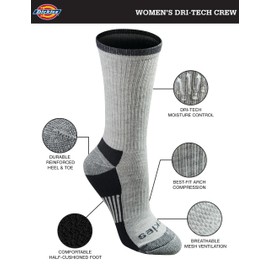 Dickies Women's Dritech Advanced Moisture Wicking Crew Socks (6/12 Pairs), Grey Assorted (6 Pairs), Shoe Size: 4-6