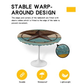 SEVENBABU Round Table Cover 45-54 Inch, Waterproof Reusable Table Cloth Round Fitted Vinyl Tablecloth with Elastic Edged for Parties Outdoors, Rustic Farm Barn Wood Texas Star Teal Green Brown