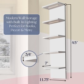 Sorbus LED Light Display Shelf - Vertical 5 Tier Wall Shelf Unit with 2 Hooks, Column Utility Shelving for Home Decor, Wall-Mounted Floating Shelves for Bathroom, Bedroom, Vanity, Figurine Display