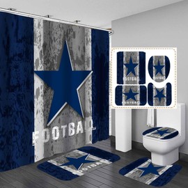 Namdeva 4PCS Sports Shower Curtain Set, Vintage American Football Texas Star White Quotes Grey Navy Blue Striped Touchdown Cool Modern Bathroom Decor, Non-slip Bath Mat Rug, Gifts for Men Teenage Boys