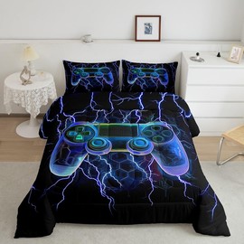 Feelyou Blue Black Gamer Comforter Set 3D Honeycomb Gaming Bedding Set Full Size for Kids Boys Girls Teens Room Decor Video Game Console Duvet Quilt Soft Microfiber