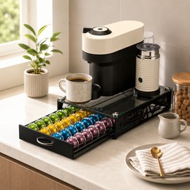 Coffee Pod Holder Drawer with Glass Top – Sleek Black Capsule Organizer Stand for Home, Office and Coffee Bar