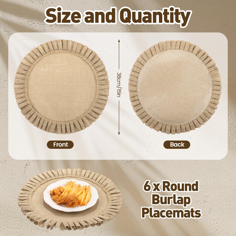 Aneco 6 Pack Round Burlap Placemats with Ruffle Edge