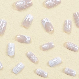 Christmas Press on Nails Medium Coffin Winter French Tip Fake Nails White Full Cover Snow False Nails with Designs Glitter Glossy Glue on Nails Acrylic Nails Manicure Artificial Nails for Women Girls