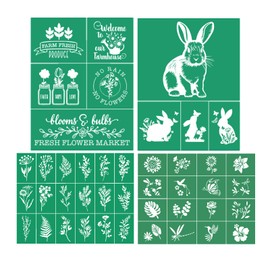 JAJADO 4 Pcs Flower Animal Farmhouse Silk Screen Stencils Reusable Adhesive Stencils, Spring Easter Farm Fresh Plant Paint Chalk Paint Stencil for Wood Burning/Canvas/Fabric/Ceramic/DIY Home Decor