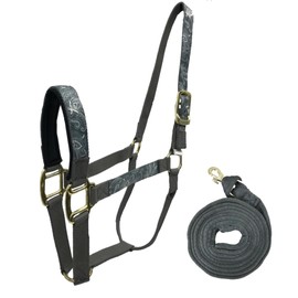 Tahoe Tack Patterned Nylon Horse Halters with Padded Noseband and Matching 10’ Soft Grip Lead Rope - 6 Month Warranty (Full/Average, Grey Floral on Hot Pink Nylon)