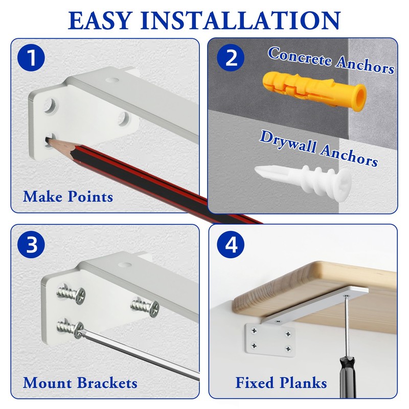 Alise Floating Shelf Brackets White,4 Pcs L Brackets for Shelves,6''