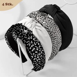 EUDUQ Pack of 4 Women's Headbands, 4 Colours Headbands for Women, Retro Style Headband, Cute Hair Accessories, Leopard Print Headband, Wide Knot for Women and Girls B
