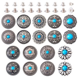 18 Sets Leather Decorative Rivets, Turquoise Decorative Buttons, Imitation Turquoise Rapid Rivet, Vintage Western Round Buttons for DIY Belt Purse Bag Leather Crafts