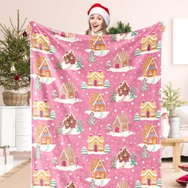 JarThenaAMCS Christmas Throw Blanket Pink Xmas Gingerbread House Fuzzy Blanket Decorative Soft Cozy Flannel Blanket for Christmas Holiday Home Bed Sofa Couch Chair, 50 x 60 Inch