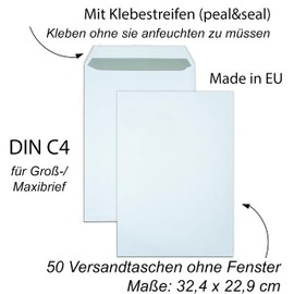 hoffnungsart 50x Versandtaschen DIN C4 A4 weiß peal&seal Klebestreifen ohne Fenster 324x229mm 100g/m2 (ohne Fenster)