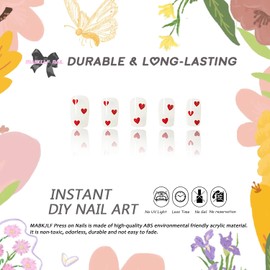 Valentines Press on Nails Medium Square Fake Nails White Full Cover Red Heart False Nails with Designs Glossy Glue on Nails Cute Acrylic Nails Manicure Artificial Nails for Women Girls 24Pcs