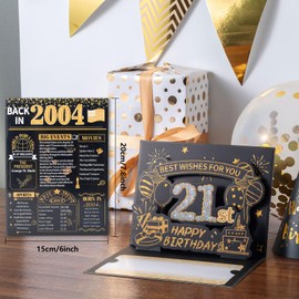 HOMANGA 21st Birthday Card, 3D Pop Up 21st Birthday Card for Men Women, Back in 2004 Card with Envelope, 21st Birthday Gifts for Him, Her, Friend (Black Gold)