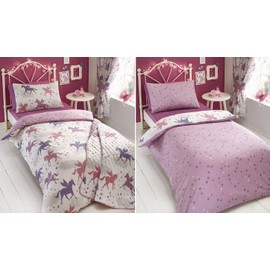 Kidz Club Divine Unicorn Duvet Quilt Cover and Pillowcase Bed Set for Girls, Reversible Design-Pink/White, Polyester-Cotton, Single