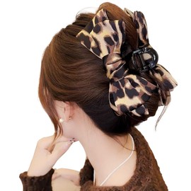 Wenlly leopard bowknot hair claw clip, 5.9 inch large retro hair jaw clips, elegant hair accessory, 1 piece, khaki