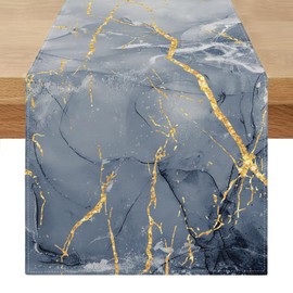 Table Runner Washable Modern 40 x 140 cm Linen Table Runner Mediterranean Blue Gold Marble Golden Texture Abstract Table Runner Colourful Vintage Table Runner for Dining Table Kitchen Table Living