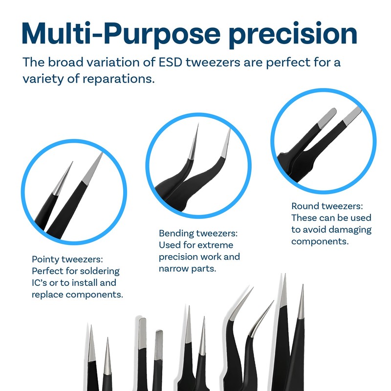 MMOBIEL 3X Industrial Precision ESD Tweezers Anti-Static Stainless Steel for