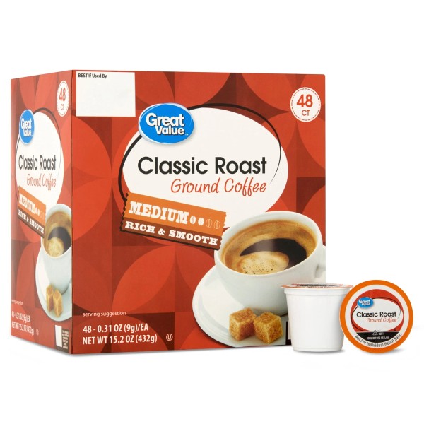 Unbranded Great Value Classic Roast Ground Coffee Pods, 48 Count