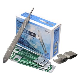 Box of 100 Carbon Steel Sterile Blades #10 + Stainless Steel Scalpel Handle #3 with Graduated Scale + Blade Remover, All in One Set for Dental, Surgical, Medical Lab, Veterinary Use, Make Sharp Cuts