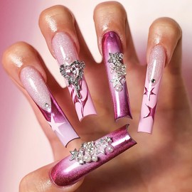 MISUD Press On Nails - Long Square & Squoval Glossy Glue On Nails - Pink, Purple Ombre Acrylic - Star Rhinestone & French Tip Design - 24 pcs