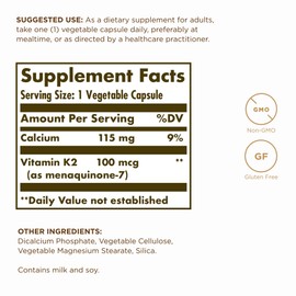 Solgar Naturally Sourced Vitamin K2 (MK-7) 100 mcg - 50 Vegetable Capsules, Pack of 2 - Supports Bone Health - Whole Food Source from Natto Extract - Non-GMO, Gluten Free - 100 Total Servings