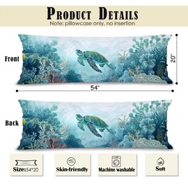 XUNLURY Coastal Beach Ocean Turtle 20x54 Body Pillow Cover, Ocean Beach Themed Room Decor, Coastal Beachy Coral Sea Turtle Decorative Long Pillow Cases for Bed Couch