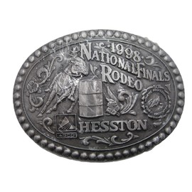 Hesston 1998 Barrel Racer National Finals Rodeo Belt Buckle, Adult (4" x 3"), New in original shrink wrap