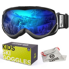 OutdoorMaster Kids Ski Goggles - Helmet Compatible Snow Goggles for Boys & Girls with 100% UV Protection (Black Frame + VLT 15% Grey Lens with Full REVO Blue)