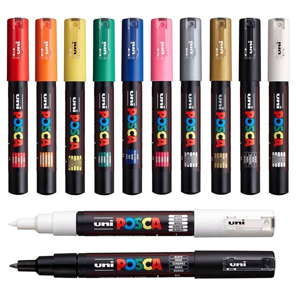 Posca PC-1M Paint Pen Art Marker Pen - Professional 12 Pen Set - Extra Black + White