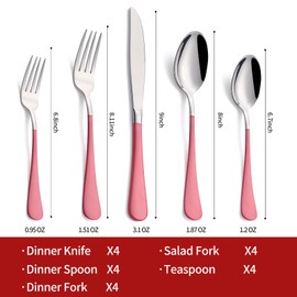 Onlycooker 20-Piece Pink Silverware Set 18/0 Stainless Steel Flatware Pink Handle Cutlery Set Service for 4 Dinner Knives Forks Spoons Set Mirror Finish Dishwasher Saf
