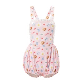CutiePlusU Cotton Button Crotch Overalls Adult Romper Onesie Shortalls-Breakfast Party M