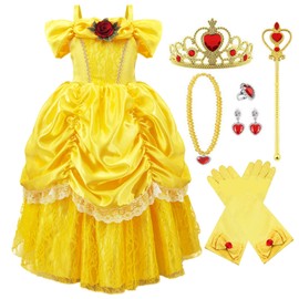 TYHTYM Kids’ Princess Belle Dress Costume, (Beauty and the Beast-Style Dress, Tiara etc) Gorgeous 7-Piece Set, 3’3” - 4’7” (100 - 140 cm), Cosplay, Yellow One Piece (6 - 7 Years, Belle)