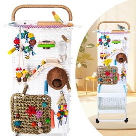Parrots Bird Playground with Wheels,Parrot Play Stand with Bird Play Gym & Accessories,Bird Perches,Bird Cage Accessories,Climbing Play Ladder,Removable Washable Tray and Stainless Steel Cups.(59in)