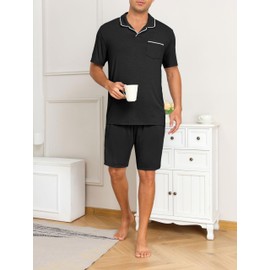 VINTATRE Mens Pajamas Set Short Sleeve Pajama Soft Sleepwear Summer Lightweight Pjs Sets Loungewear with Pockets Black-XL