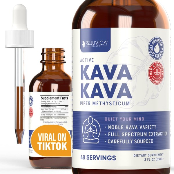 Rejuvica Health Kava Kava Root Extract Supplement - Active Kava Kava - Potent Relaxation & Calm - Liquid Extract - Piper Methysticum - Noble Variety - Naturally Occurring Kavalactones - 48 Servings